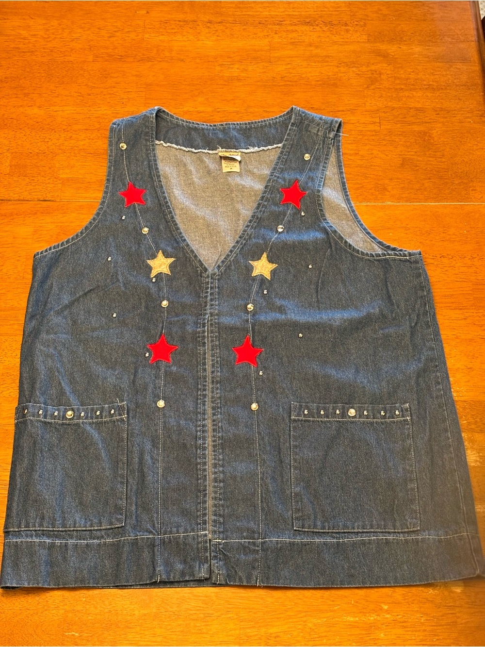 Denim Vest with Star Appliqués and rhinestone gems size medium vintage